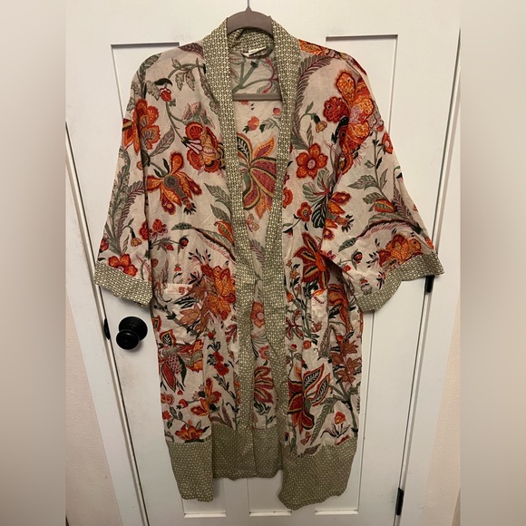 floral block print cotton kimono-style robe 100% cotton tie waist lightweight - Picture 3 of 6